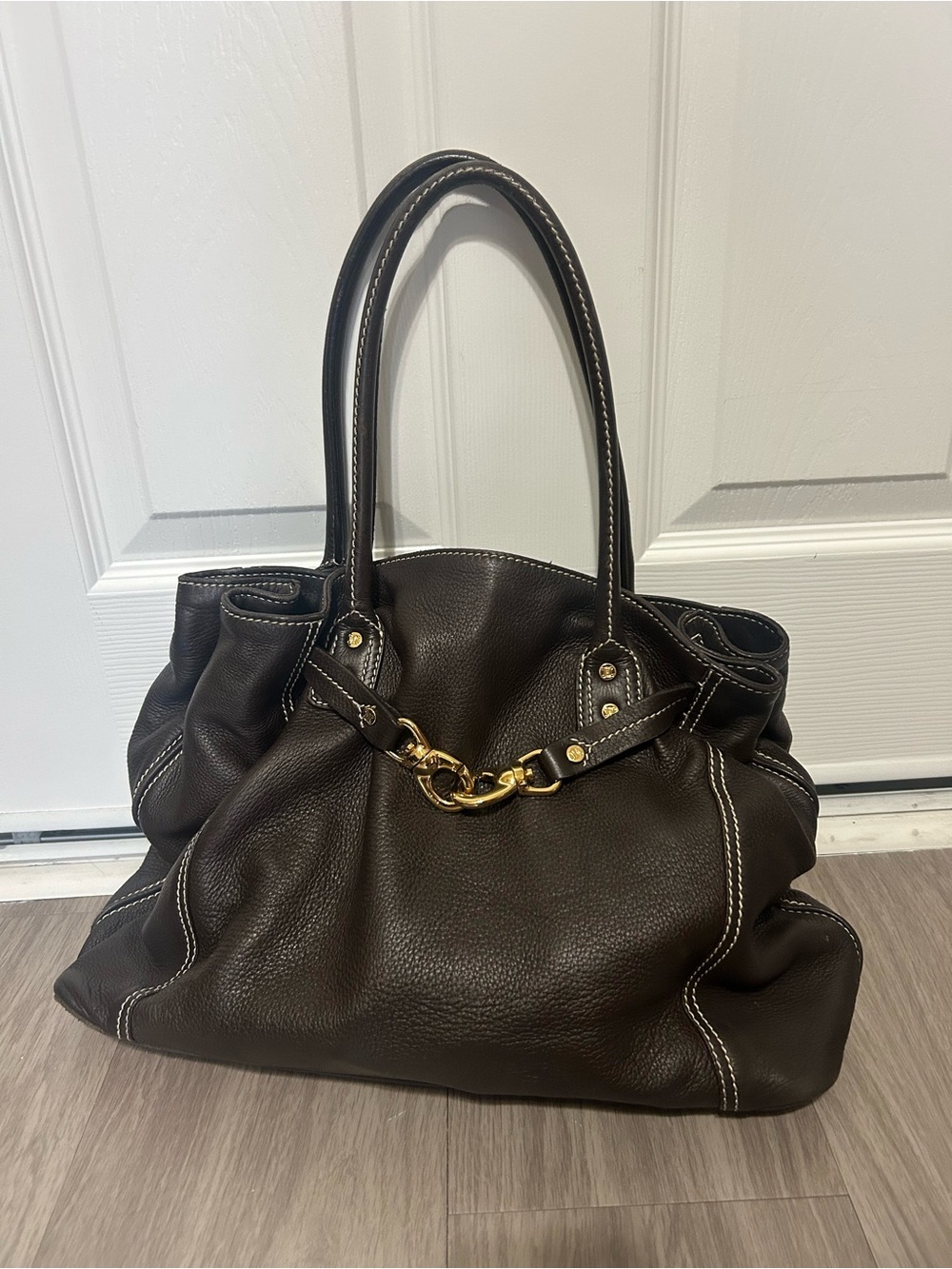 Celine double gold clasp espresso Leather Shoulder Bag work tote